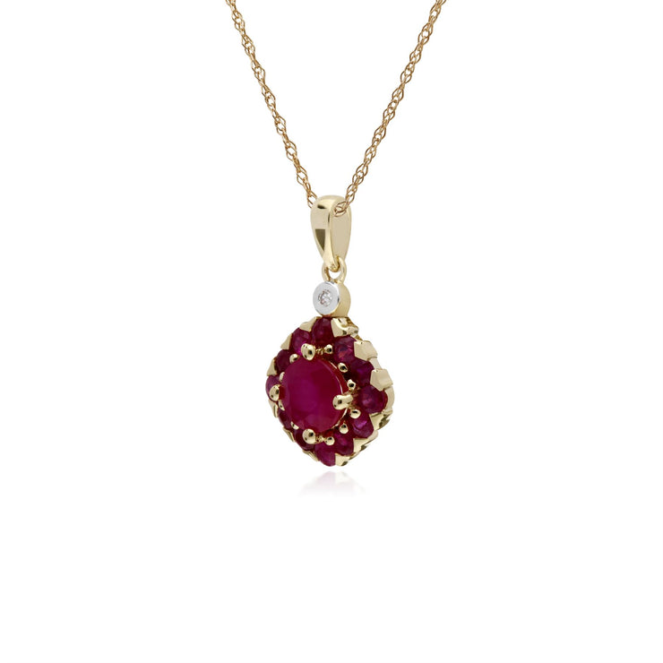 Pendente con montatura quadrata in oro giallo da 9 ct con rubini e diamanti su catena da 45 cm