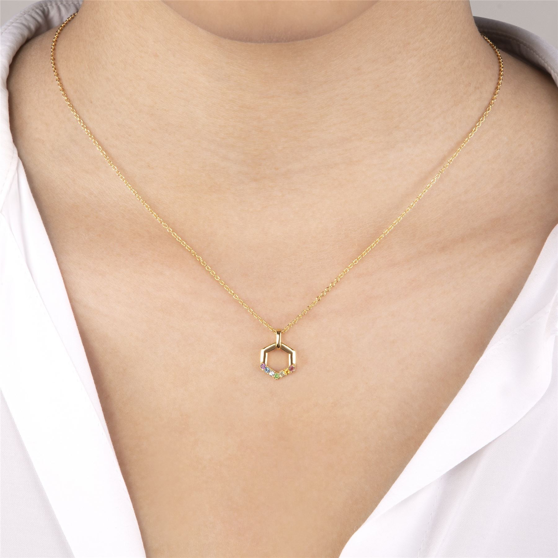 Rainbow Hexagon Necklace in Gold Plated Sterling Silver on model