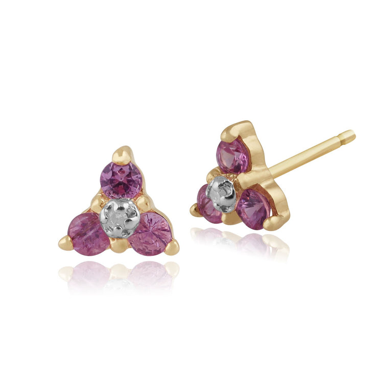 Ciondolo e orecchini floreali in oro giallo 375 con zaffiro rosa e diamanti