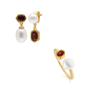 Modern Pearl & Garnet Earring & Ring Set in Gold Plated Sterling Silver