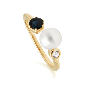Modern Pearl, Sapphire & Topaz Open Ring in Gold Sterling Silver