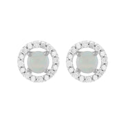 Orecchini a bottone classici con opale in oro bianco 375 e rivestimento per l'orecchio con diamanti rotondi