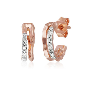 Diamond Pavé Double Hammered Mini Hoops in 9ct Rose Gold