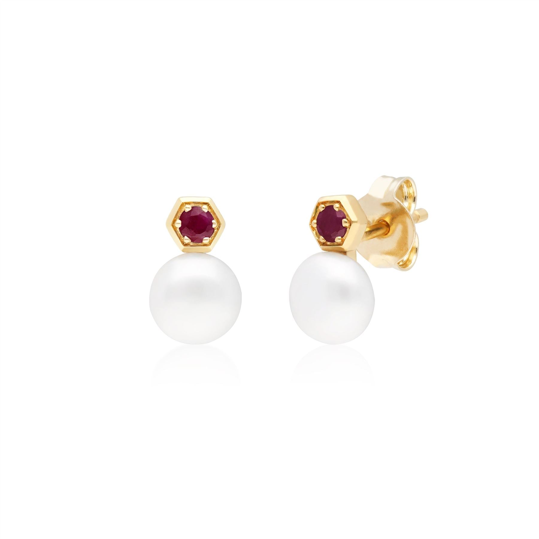 Modern Pearl & Ruby Stud Earrings in 9ct Yellow Gold