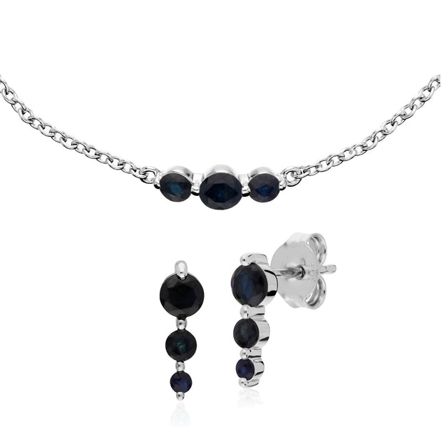 Orecchini e bracciale classici in argento 925 con tre pietre di zaffiro