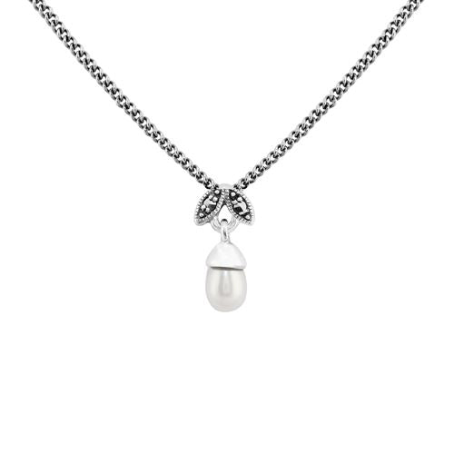 Collana e orecchini con bottone a foglia in stile Art Déco Argento 925 Perla e marcasite