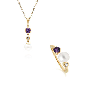 Modern Pearl, Topaz & Amethyst Pendant & Ring Set in Gold Plated Sterling Silver