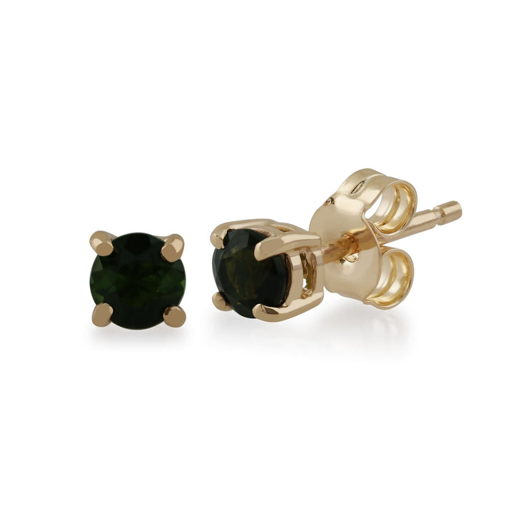 Orecchini a bottone classici con tormalina verde in oro giallo 375 e rivestimento per l'orecchio con diamanti quadrati
