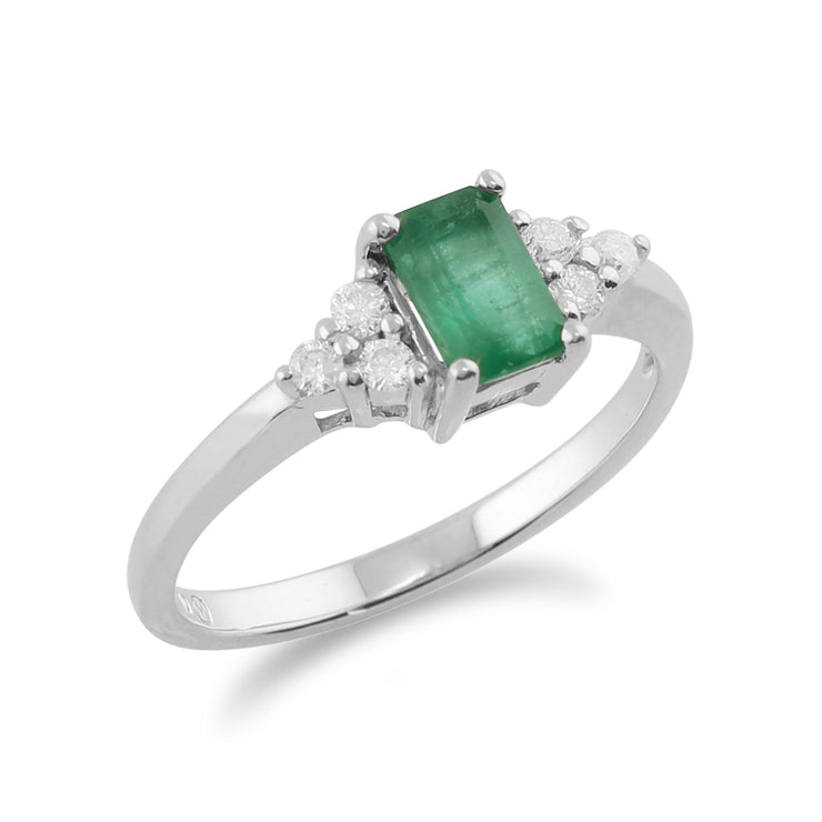 Anello semplice in oro bianco da 9 ct con smeraldo naturale da 0,53 ct e pietra di diamante