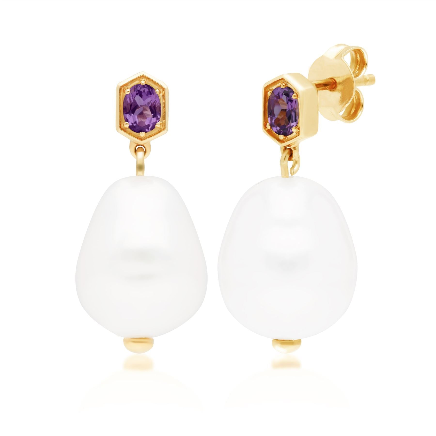 Modern Baroque Pearl & Amethyst Drop Earrings in Gold Plated Sterling Silver