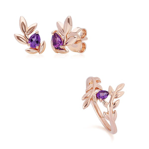 O Leaf Amethyst Stud Earring & Ring Set in 9ct Rose Gold