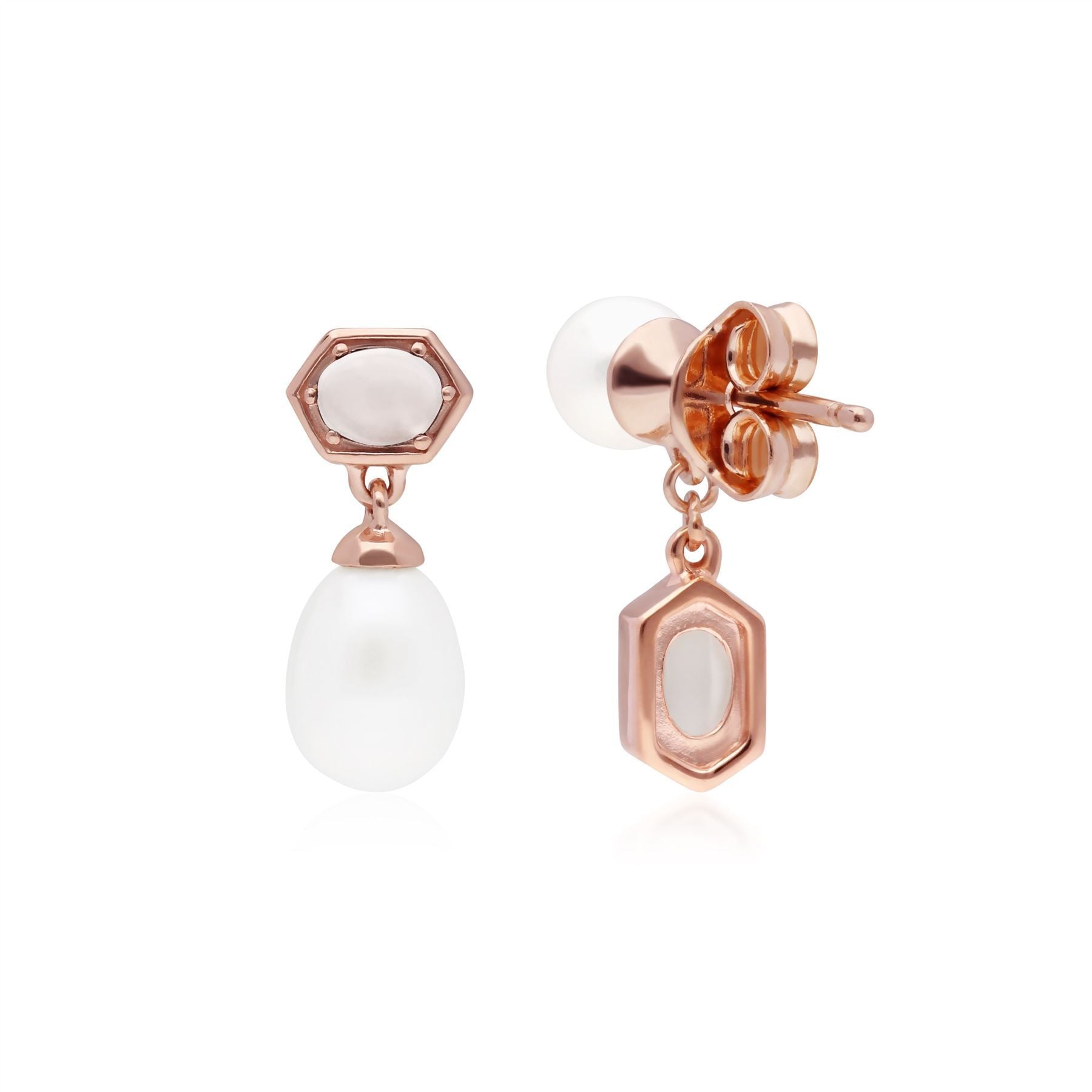 Orecchini pendenti spaiati moderni di perle e pietre di luna in argento sterling placcato oro rosa