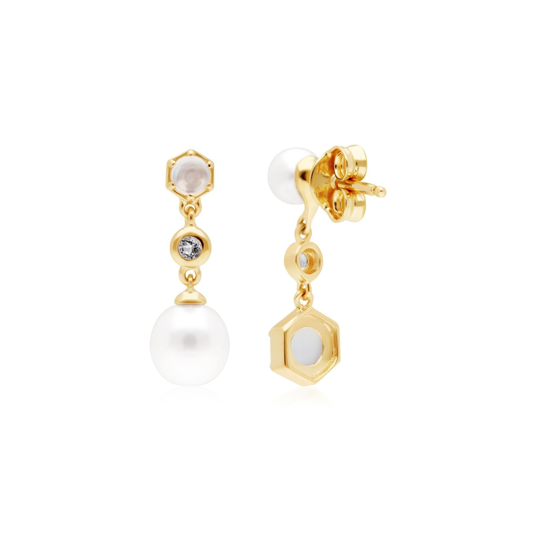 Orecchini pendenti spaiati moderni di perle, pietre di luna e topazio in argento sterling placcato oro