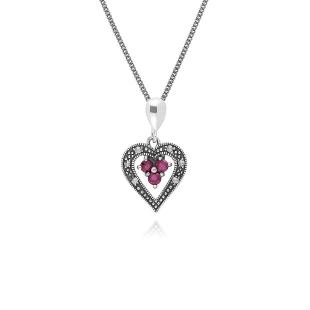 Orecchini a lobo e pendente a cuore in stile Art Nouveau in argento 925 con rubini e marcasite tonda