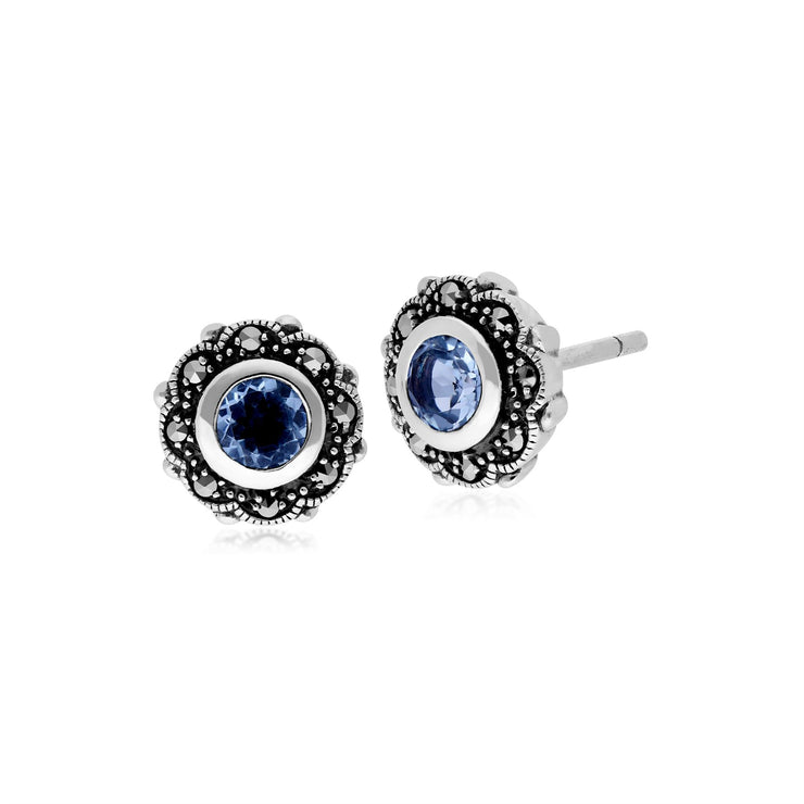 Orecchini floreali in stile Art Nouveau in argento 925 tondo con topazio azzurro e marcasite