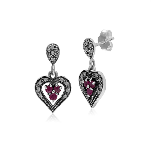 Orecchini a lobo e pendente a cuore in stile Art Nouveau in argento 925 con rubini e marcasite tonda