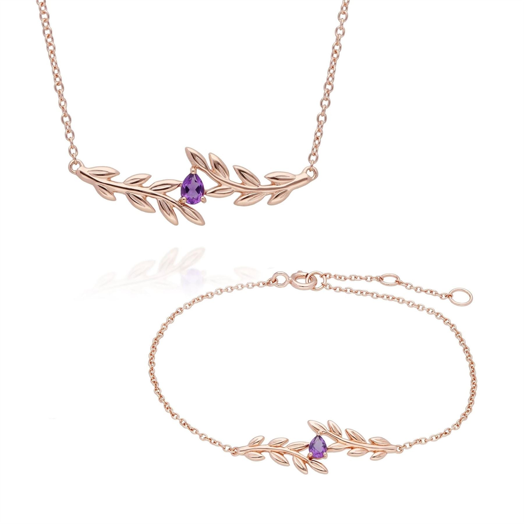O Leaf Amethyst Necklace & Bracelet Set in 9ct Rose Gold