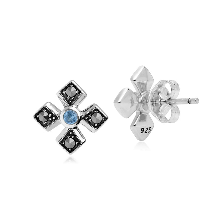 Orecchini a lobo con croce gotica in stile Art Déco in argento 925 con topazio blu e marcasite