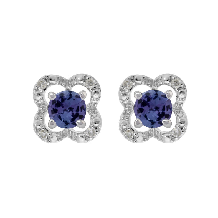 Orecchini a bottone classici con tanzanite in oro bianco 375 e rivestimento per orecchie con fiori di diamanti