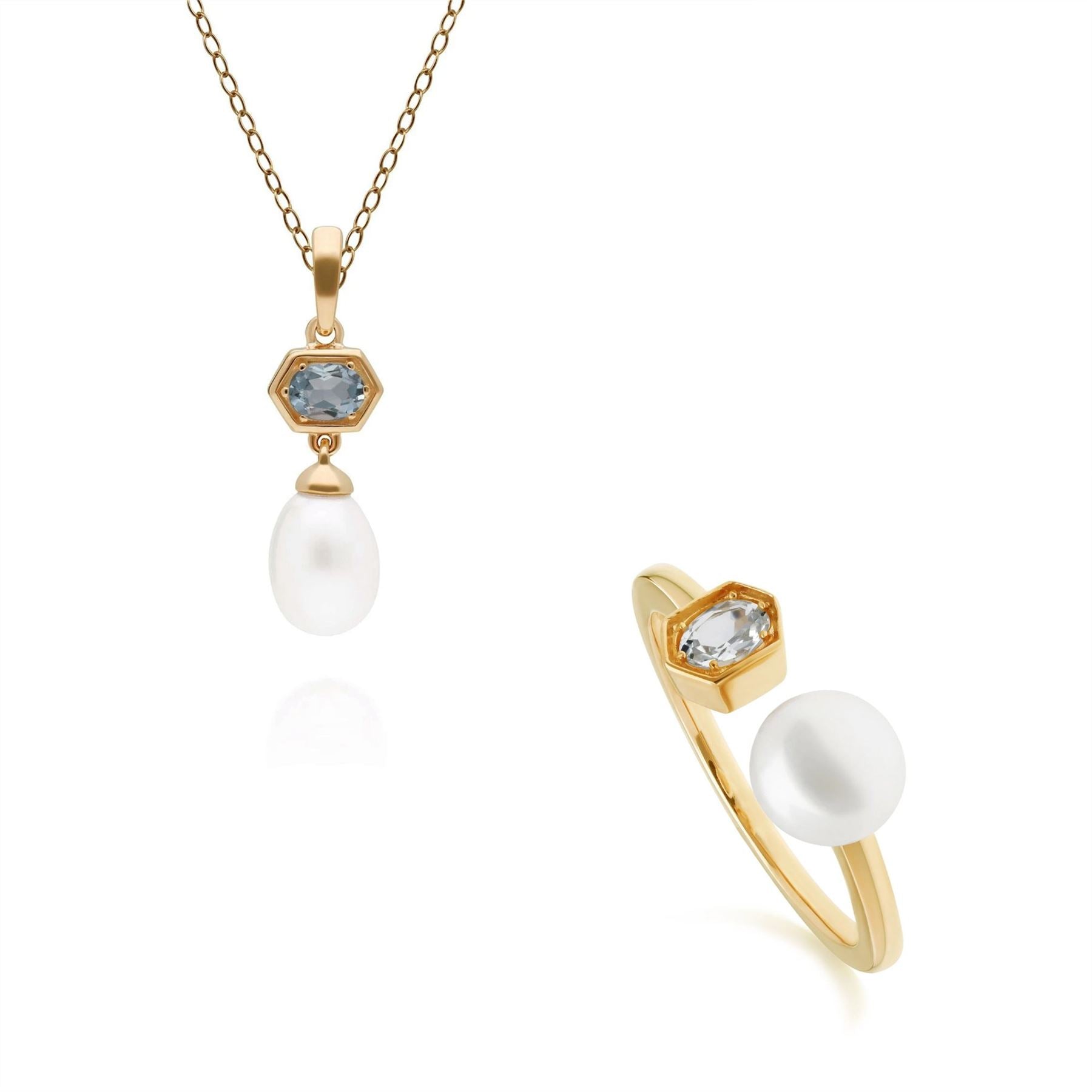 Modern Pearl & Aquamarine Pendant & Ring Set in Gold Plated Sterling Silver