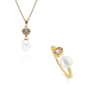 Modern Pearl & Aquamarine Pendant & Ring Set in Gold Plated Sterling Silver