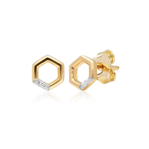 Diamond Pave Hexagon Stud Earrings in 9ct Yellow Gold