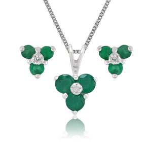 Floral Round Emerald & Diamond Stud Earrings & Pendant Set in 9ct White Gold
