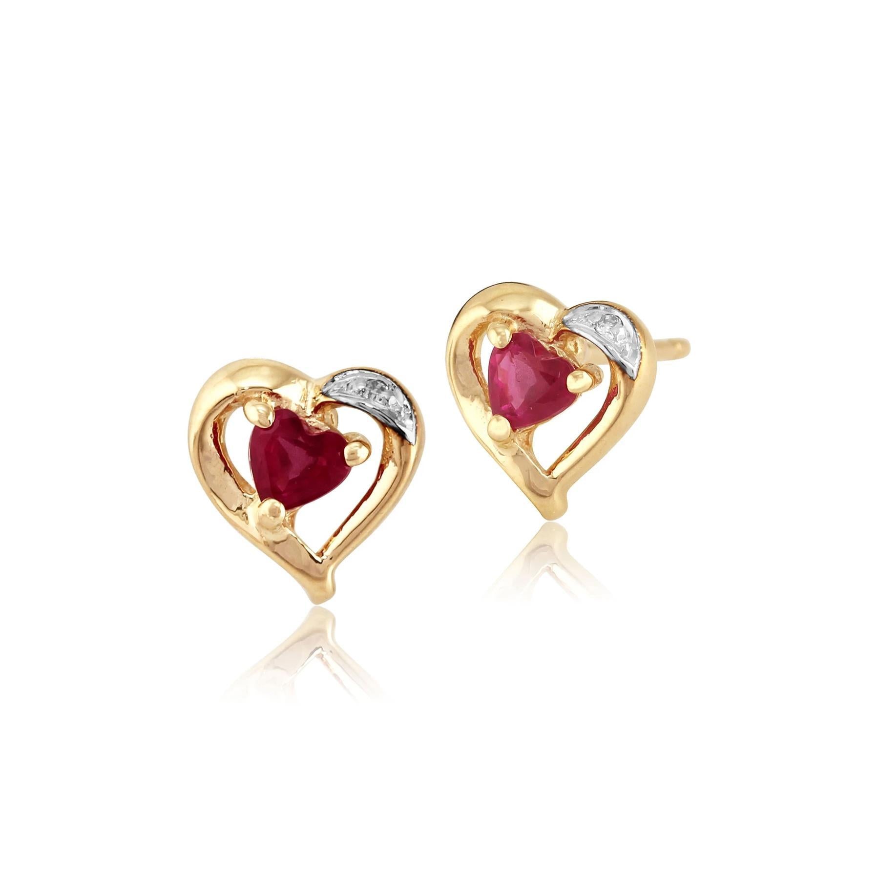 Classic Heart Ruby & Diamond Love Heart Stud Earrings & Pendant Set in 9ct Yellow Gold