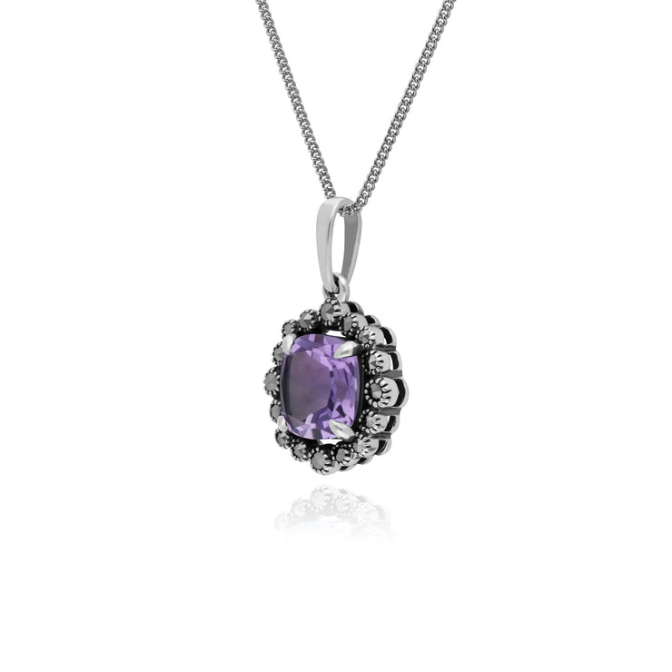 Collana con ametista, cuscino in argento sterling con ametista e marcasite in stile Art Nouveau, collana da 45 cm