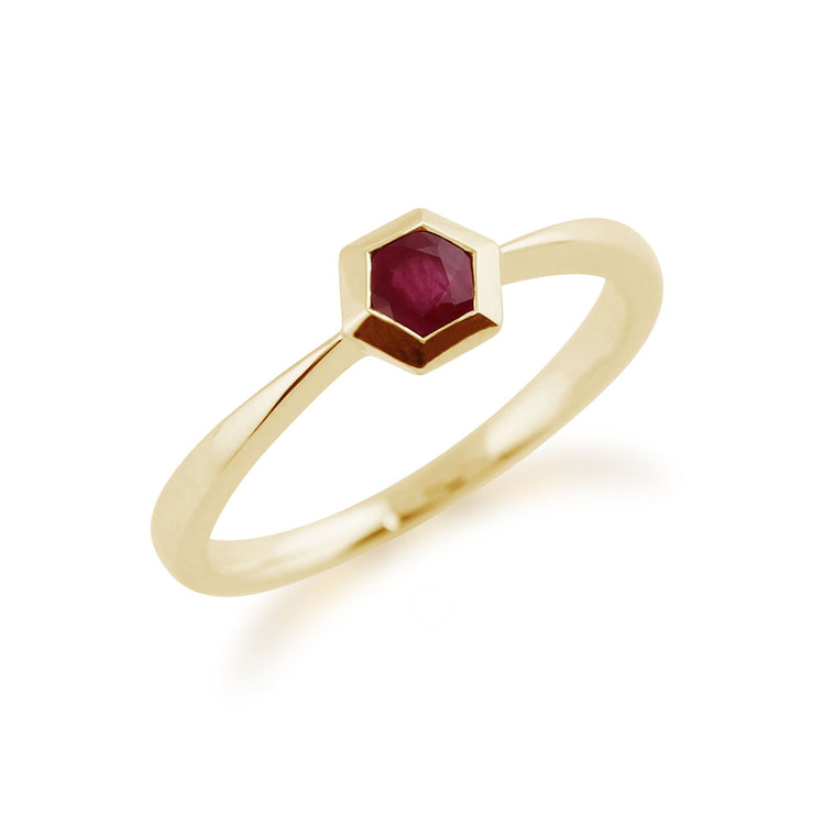 Anello con rubino Gemondo, anello esagonale con rubino da 0,27 ct in oro giallo da 9 ct