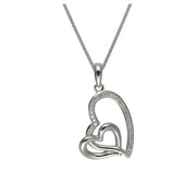 Ciondolo con catena a forma di cuore doppio con diamanti da 45 cm, in oro bianco da 9 ct