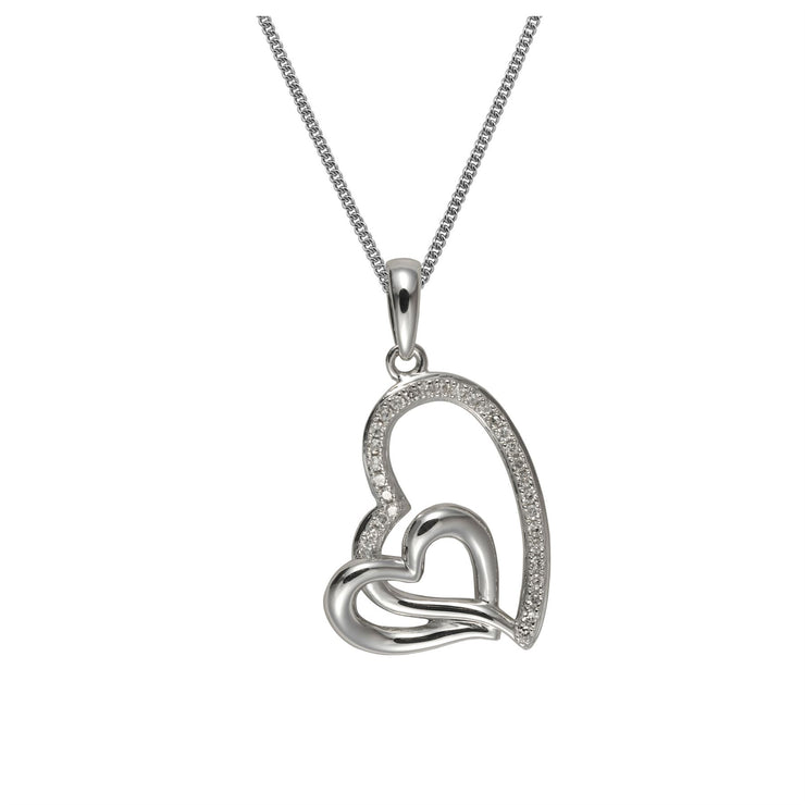 Ciondolo con catena a forma di cuore doppio con diamanti da 45 cm, in oro bianco da 9 ct