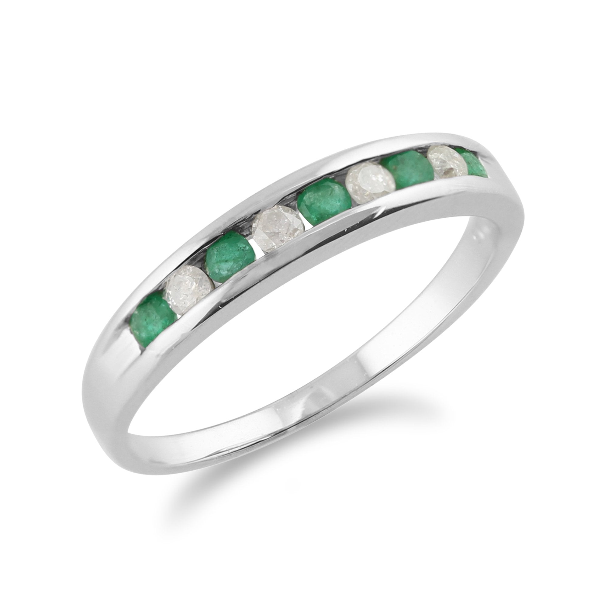 Classic Round Emerald & Diamond Half Eternity Ring in White 9ct Gold