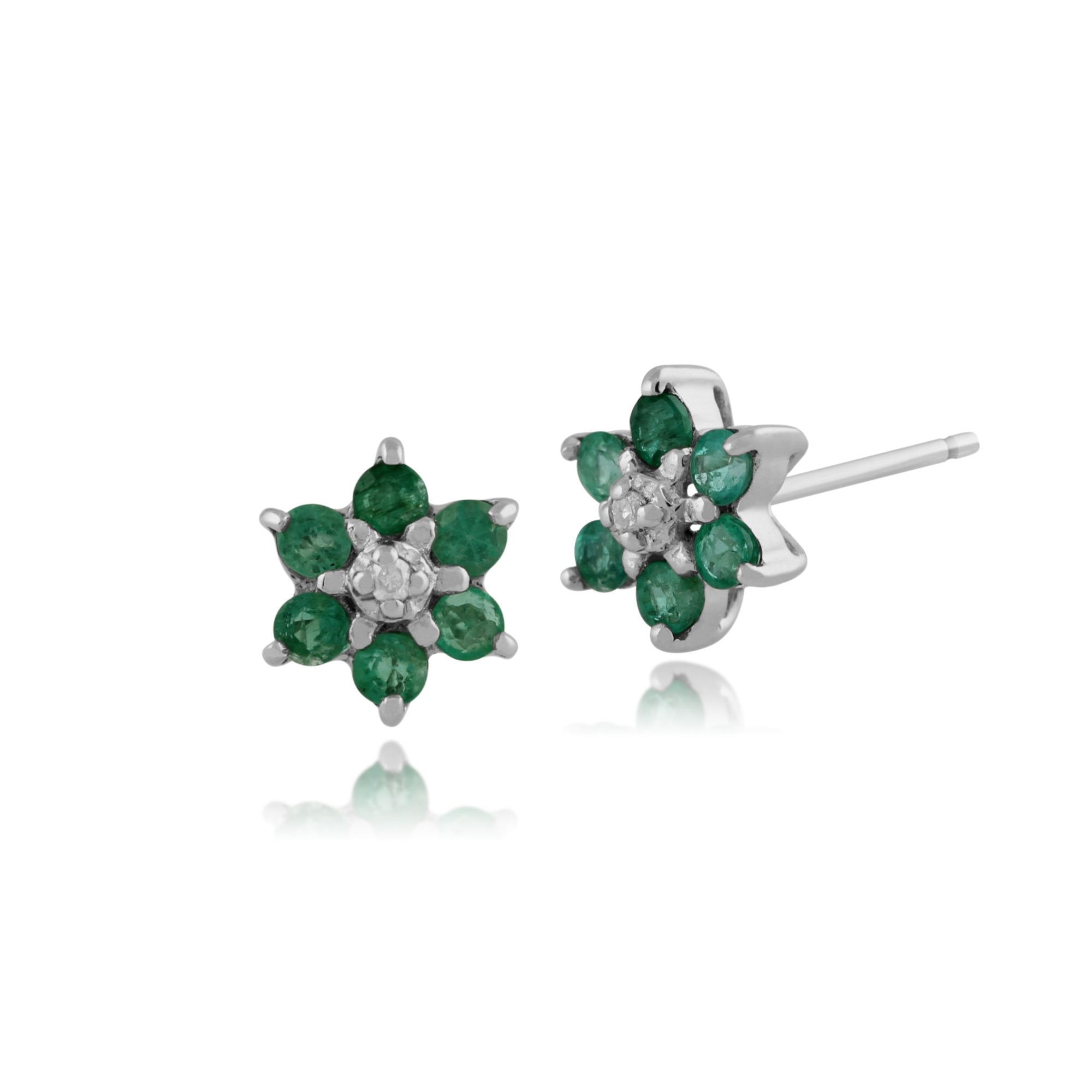 Classic Round Emerald & Diamond Cluster Stud Earrings in 9ct White Gold