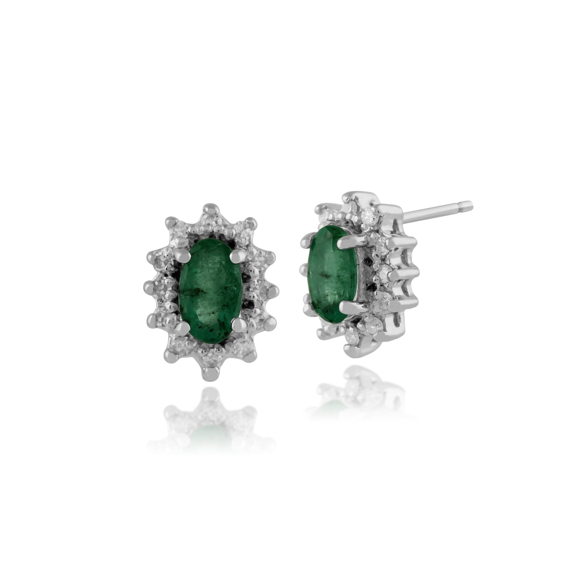 Classic Oval Emerald & Diamond Cluster Stud Earrings in 9ct White Gold 5x3mm