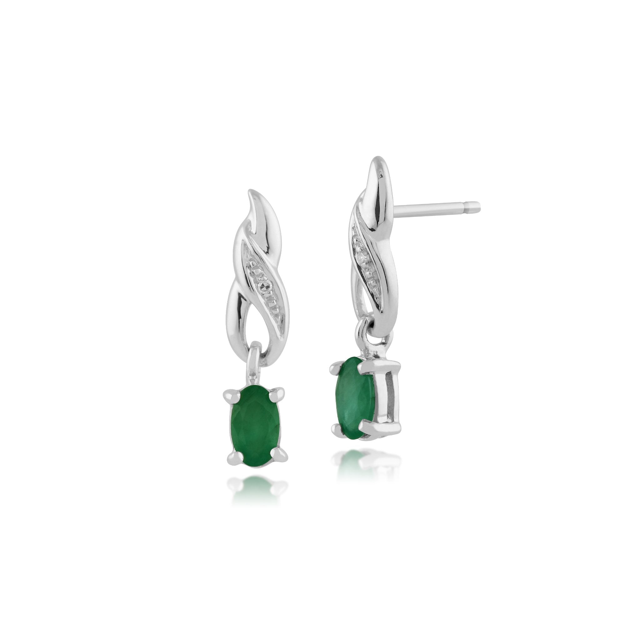 Classic Oval Emerald & Diamond Swirl Drop Earrings in 9ct White Gold
