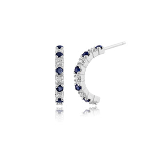 Classic Round Sapphire & Diamond Half Hoop Style Earrings in 9ct White Gold