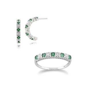 Classic Emerald & Diamond Eternity Ring and Hoop Earrings Set Image 1