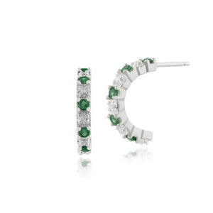 Classic Round Emerald & Diamond Half Hoop Style Earrings in 9ct White Gold