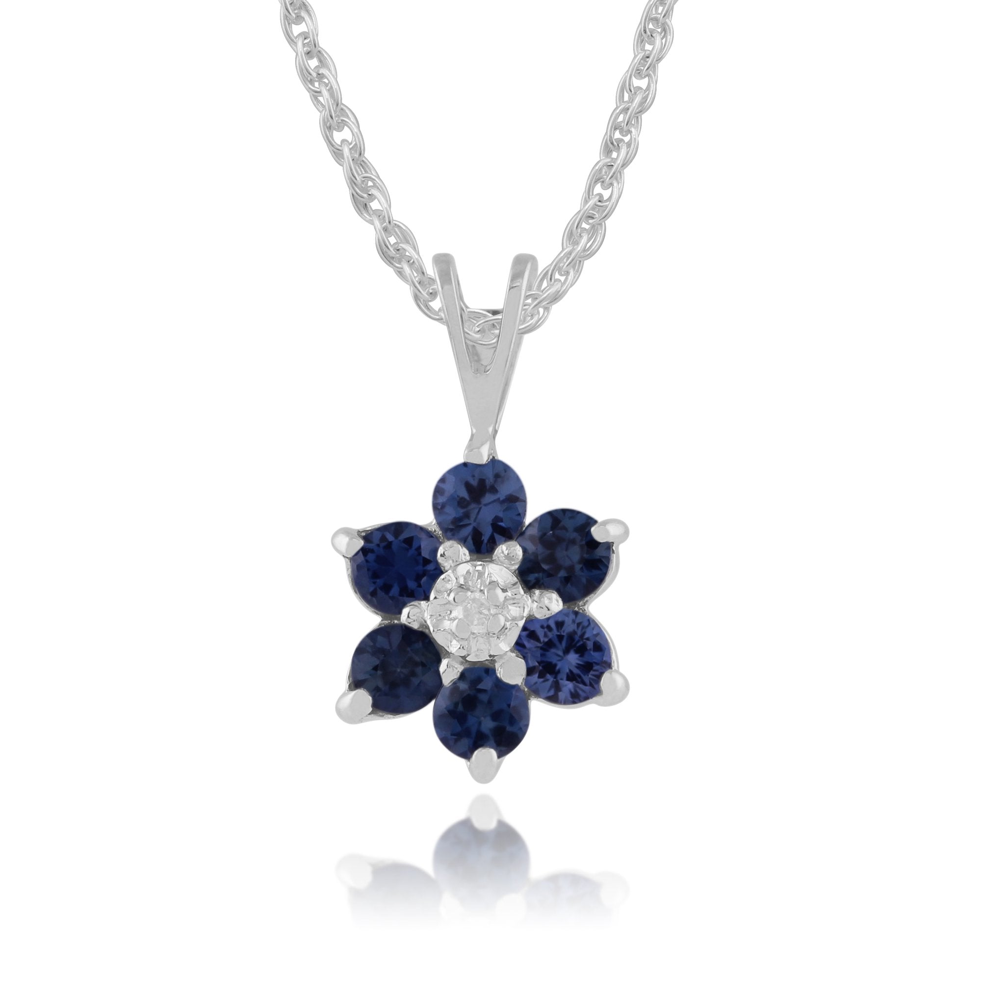 Floral Round Sapphire & Diamond Cluster Pendant in 9ct White Gold