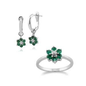 Floral Round Emerald & Diamond Drop Earrings & Ring Set in 9ct White Gold