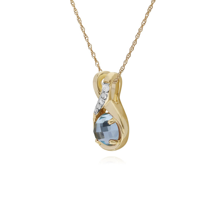 Collana con topazio azzurro, pendente a forma di bacio con topazio azzurro in oro giallo da 9 ct e diamante rotondo su catena da 45 cm