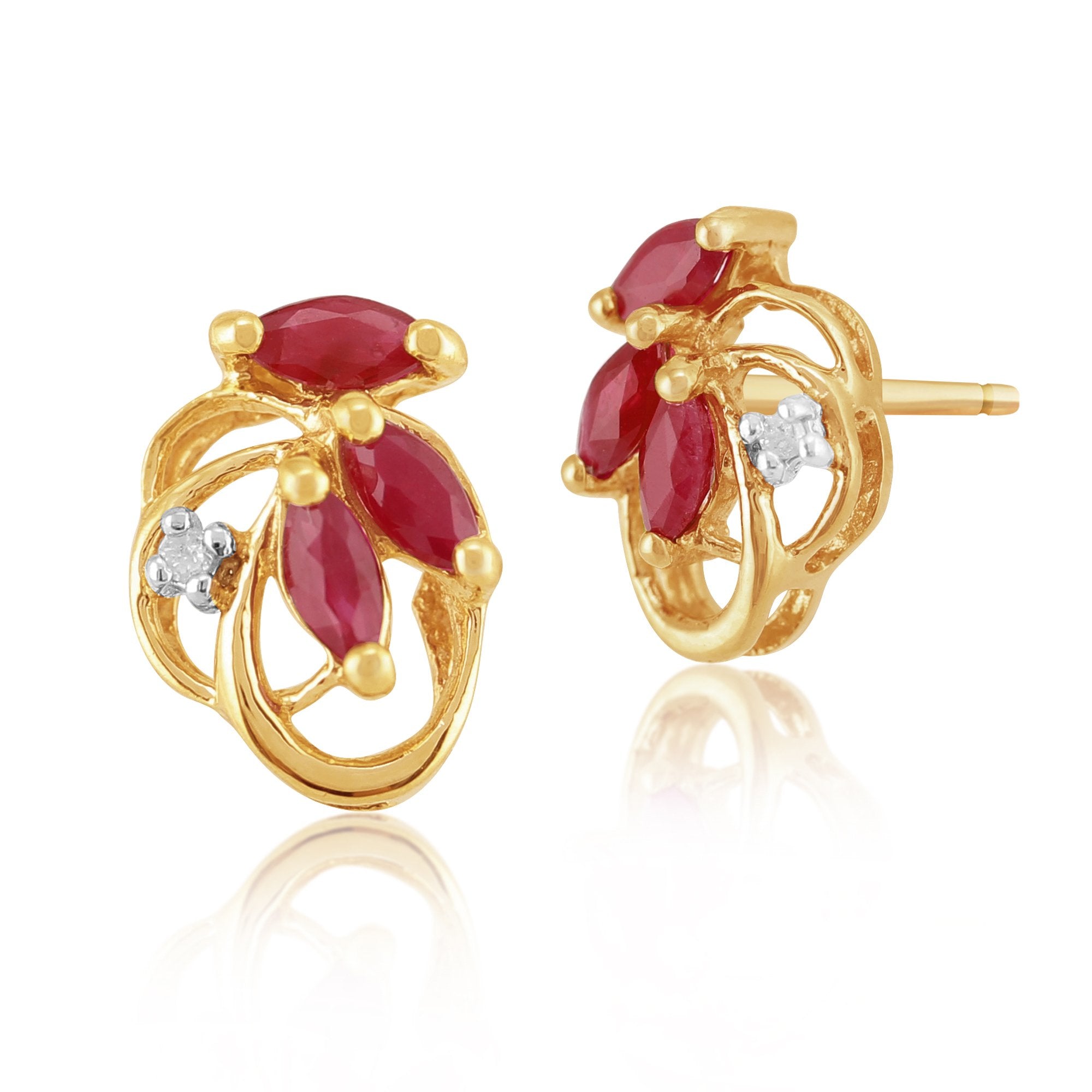 Floral Marquise Ruby & Diamond Stud Earrings in 9ct Yellow Gold