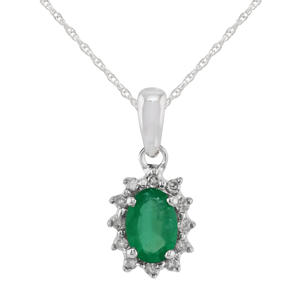 Classic Oval Emerald & Diamond Cluster Pendant in 9ct White Gold