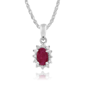 Classic Oval Ruby & Diamond Cluster Pendant in 9ct White Gold