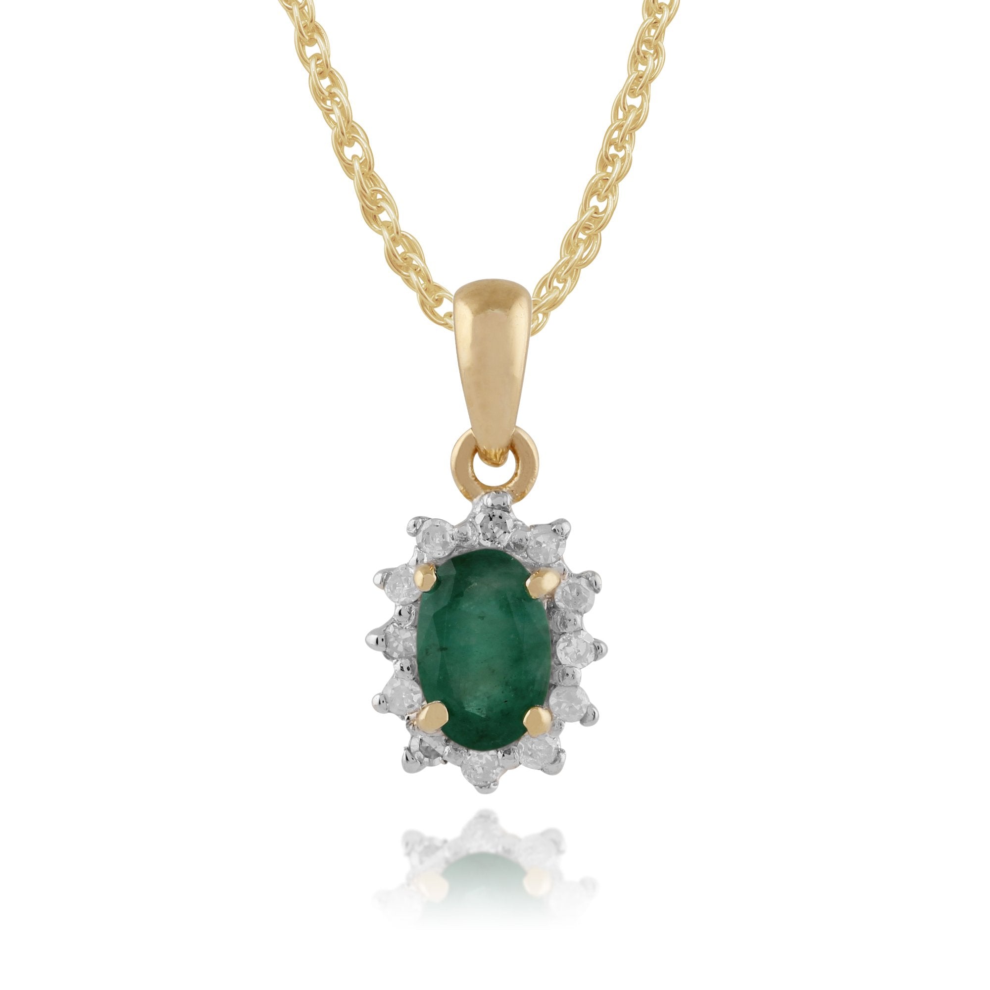 Classic Oval Emerald & Diamond Cluster Pendant in 9ct Yellow Gold
