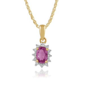 Classic Oval Pink Sapphire & Diamond Cluster Pendant in 9ct Yellow Gold