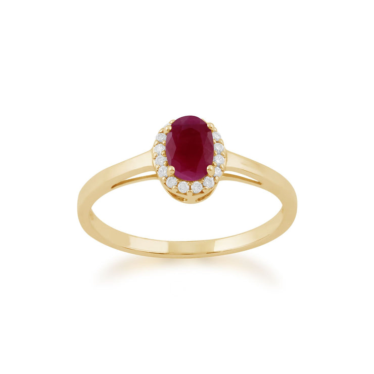 Classico anello Halo in oro giallo 375 con rubini e diamanti