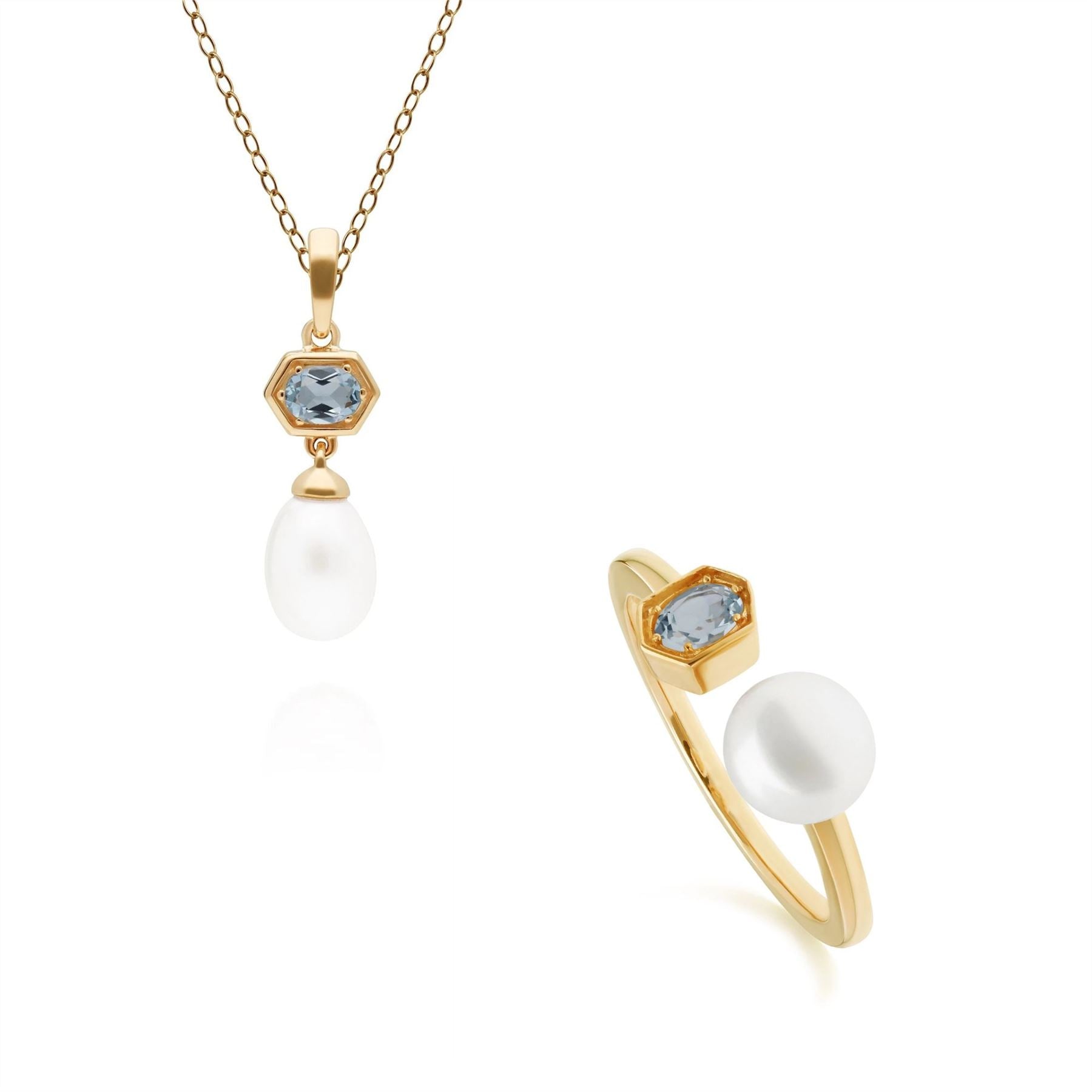 Modern Pearl & Blue Topaz Pendant & Ring Set in Gold Plated Sterling Silver