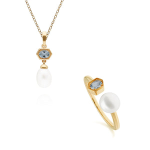 Modern Pearl & Blue Topaz Pendant & Ring Set in Gold Plated Sterling Silver